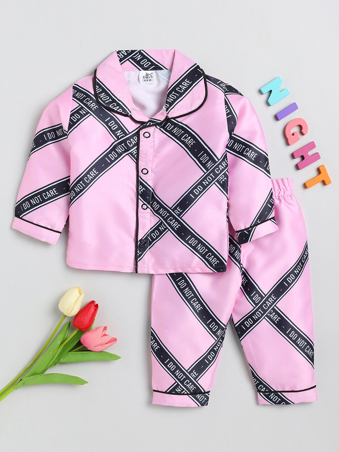 

Clt s Kids Pink & Black Printed Shirt & Pyjamas Night Suit