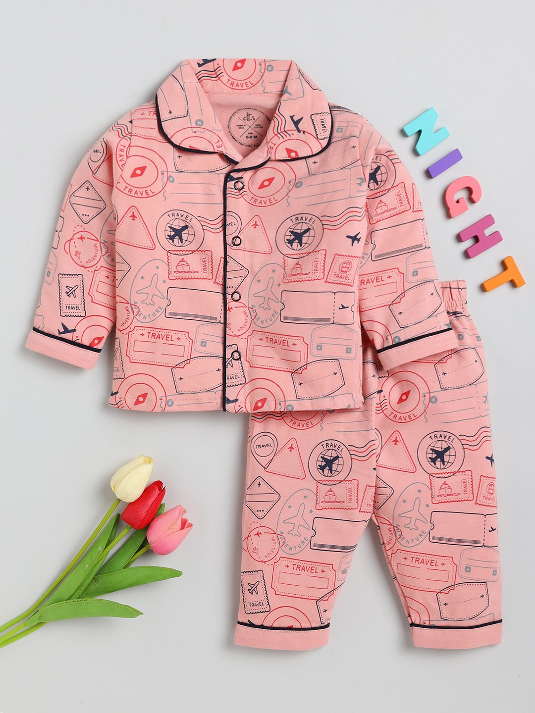 

Clt s Kids Pink & Black Printed Pure Cotton Shirt & Pyjamas Night Suit