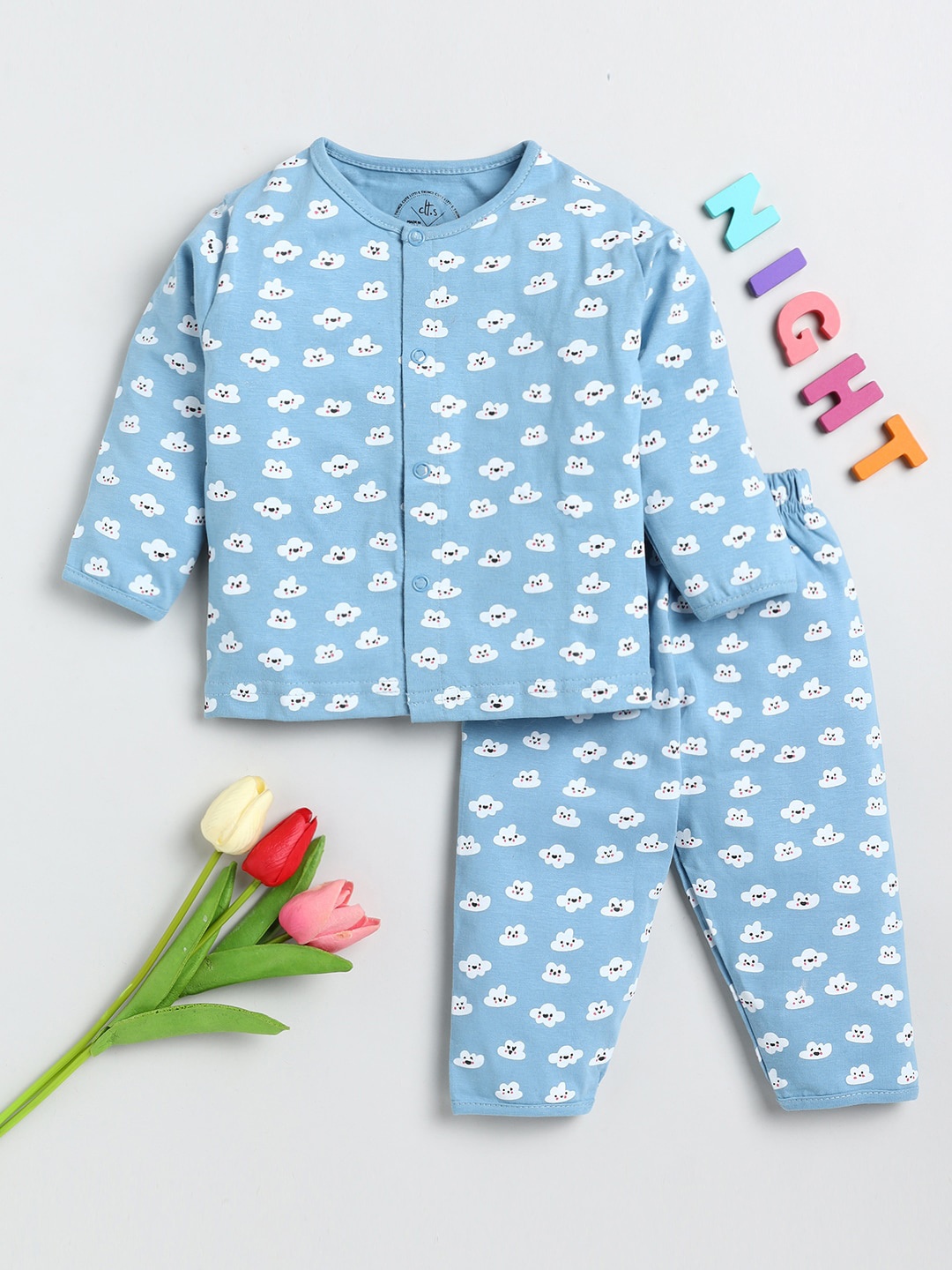 

Clt s Kids Blue & White Printed Pure Cotton Shirt & Pyjamas Night Suit