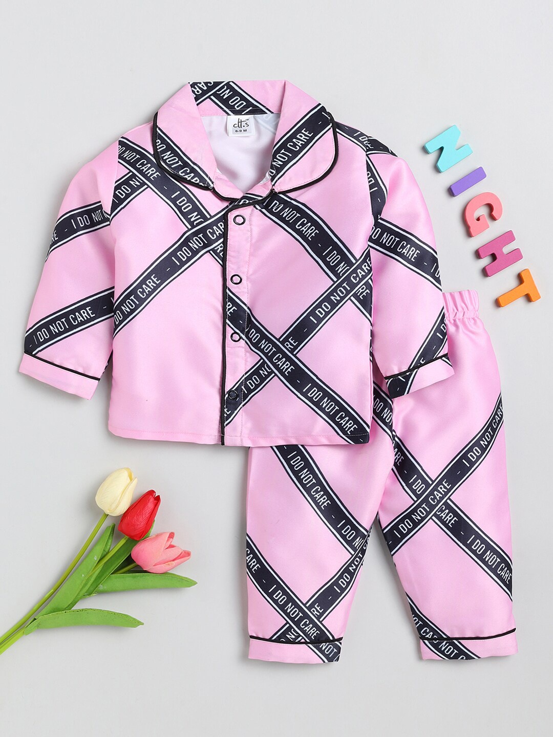 

Clt.s Kids Pink & Black Printed Shirt & Pyjamas Night Suit