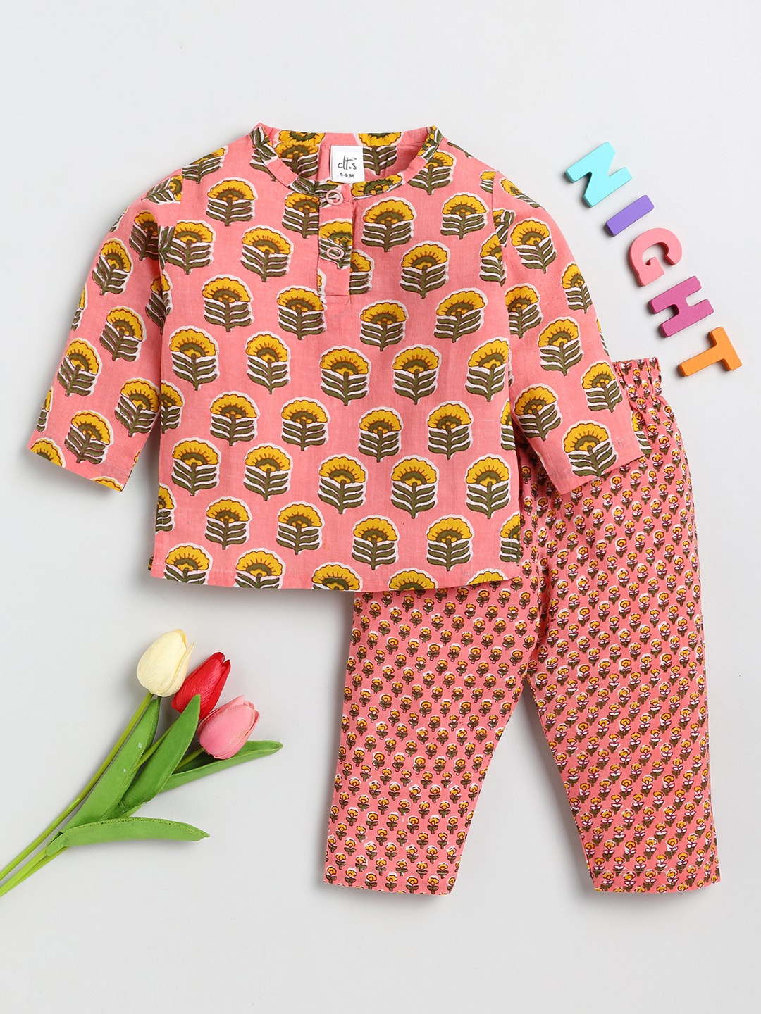 

Clt s Kids Pink & Mustard Printed Pure Cotton Top & Pyjamas Night Suit