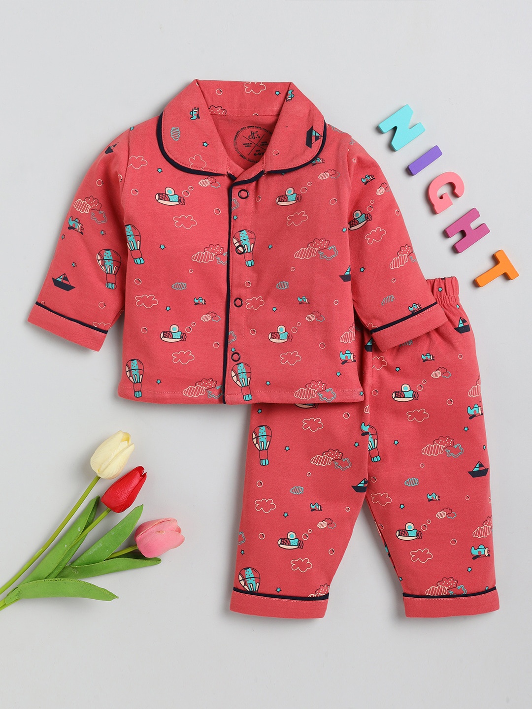 

Clt s Kids Coral & Blue Printed Pure Cotton Shirt & Pyjamas Night Suit