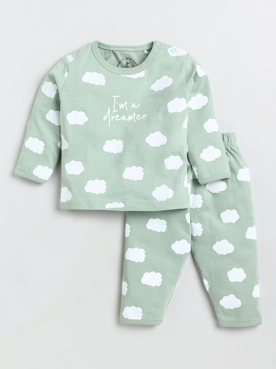 

Clt s Kids Green & White Printed Pure Cotton T-Shirt & Pyjamas Night Suit