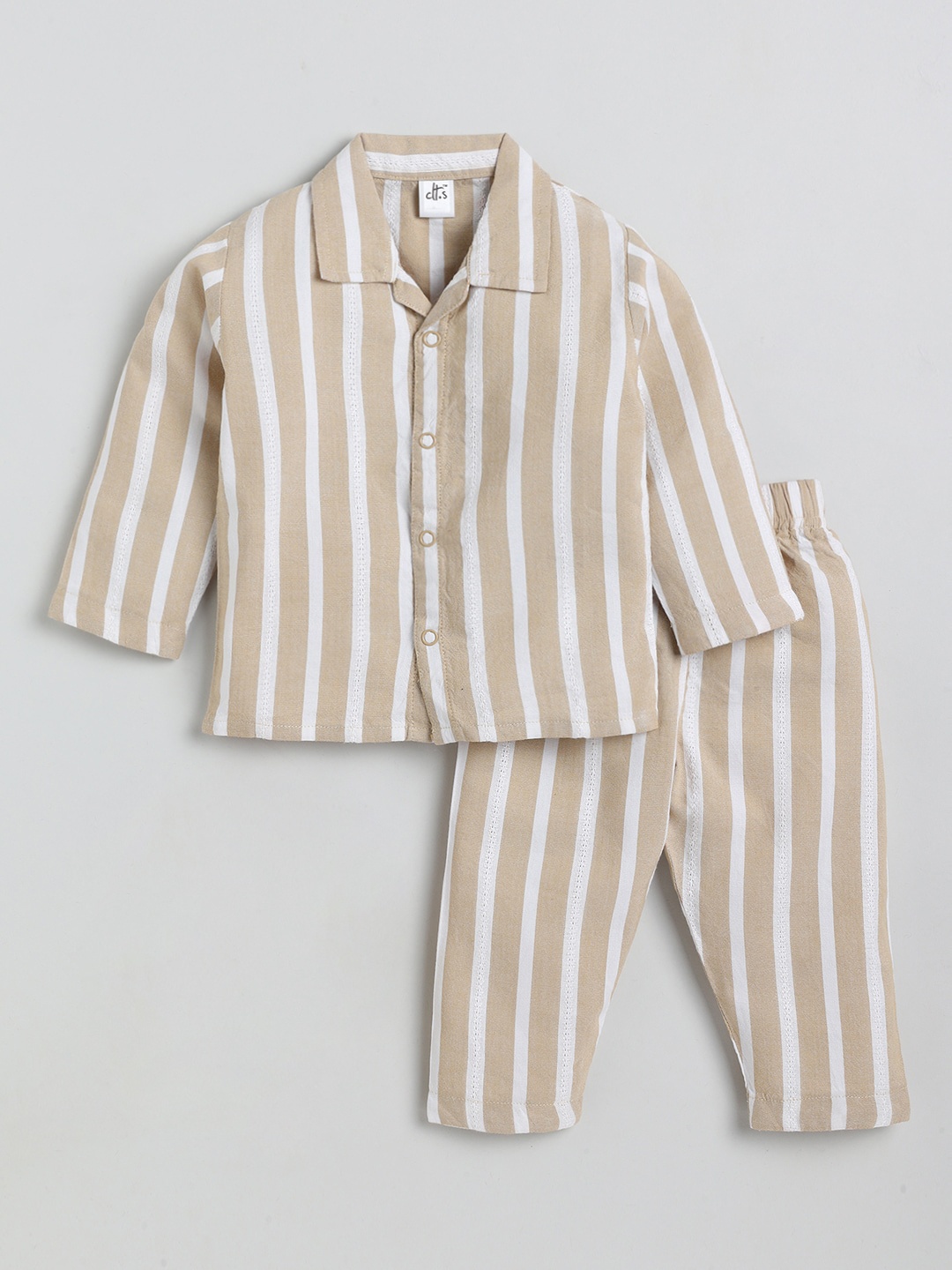

Clt s Kids Beige & Off White Striped Pure Cotton Shirt & Pyjamas Night Suit