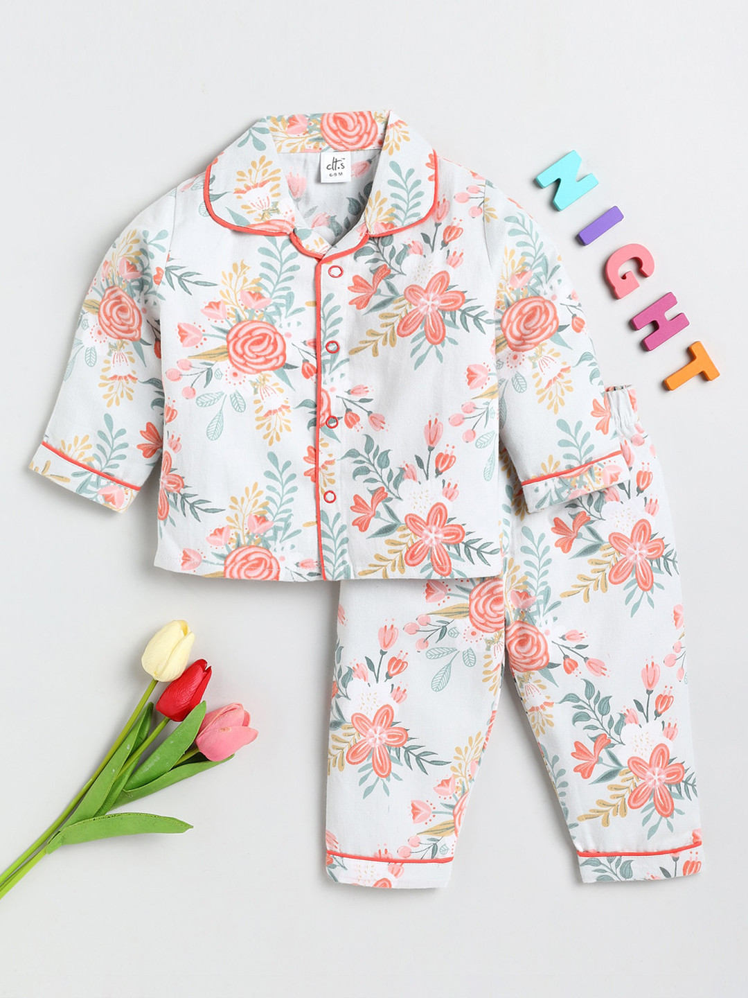 

Clt s Kids White & Pink Printed Pure Cotton Shirt & Pyjamas Night Suit