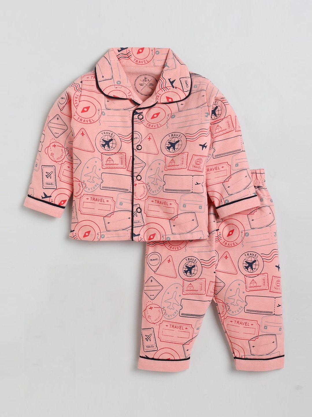 

Clt s Kids Pink & Red Printed Pure Cotton Shirt & Pyjamas Night Suit