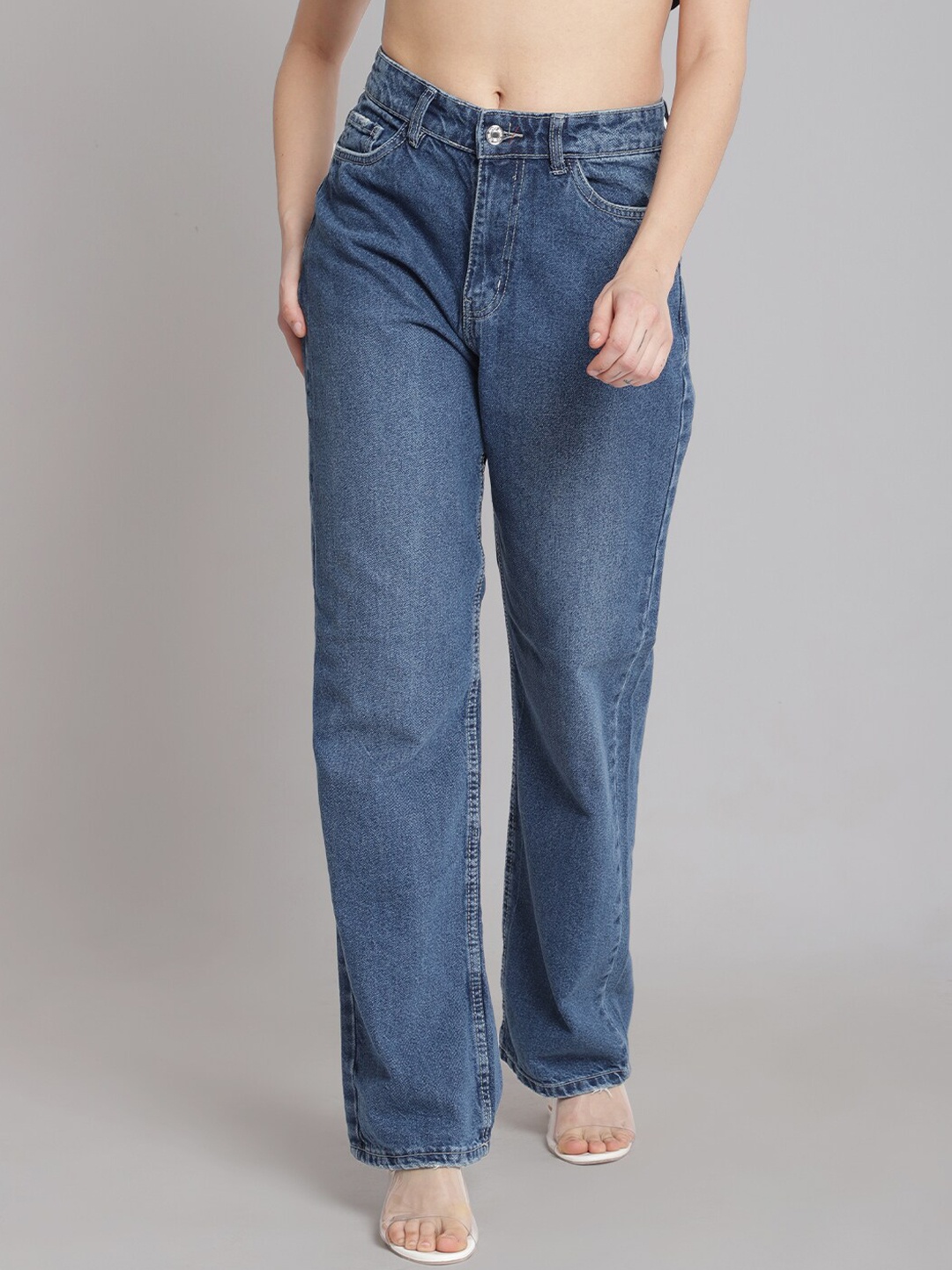 

River Of Design Jeans Women Blue Straight Fit High-Rise Low Distress Jeans