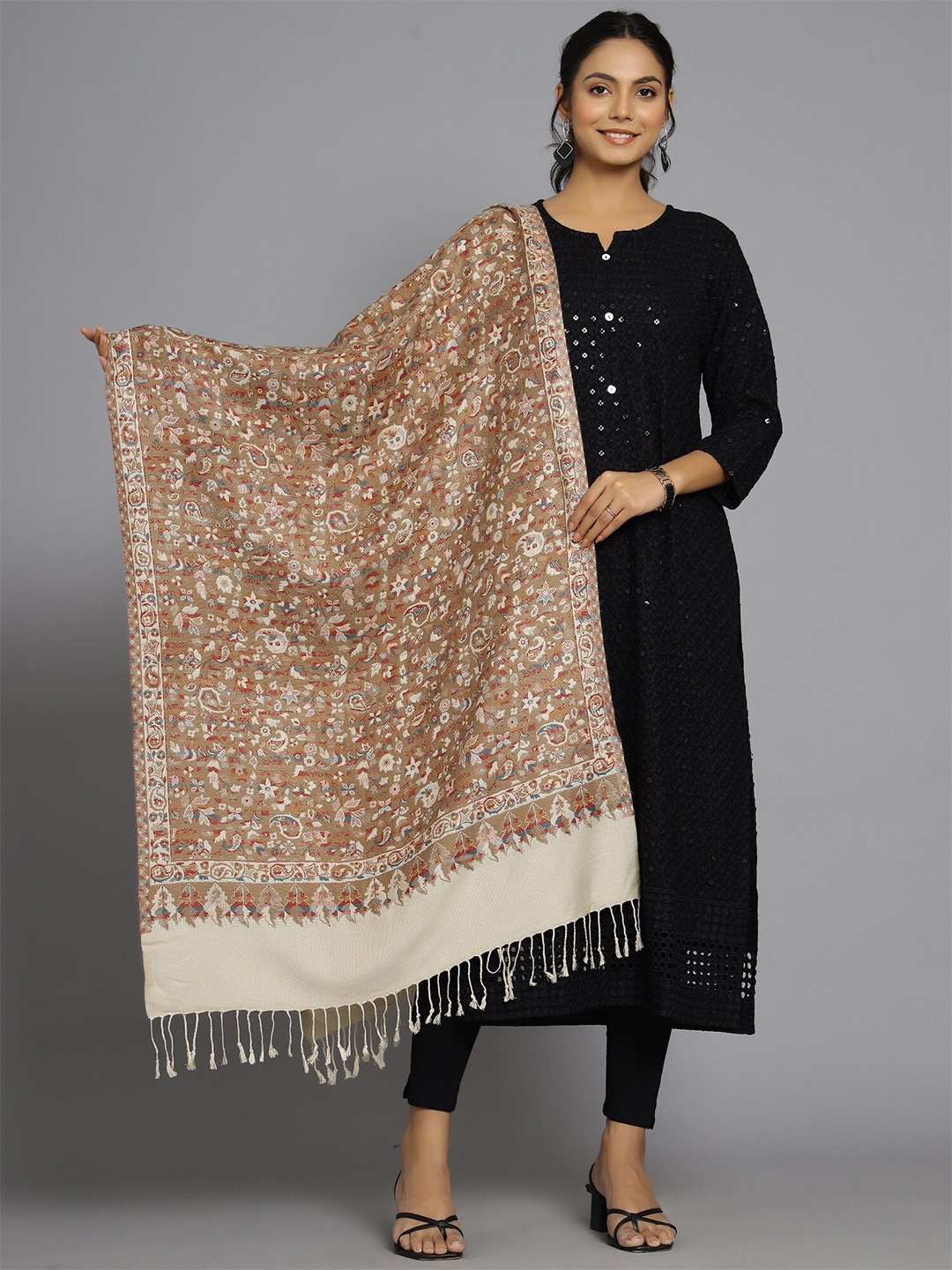 

HANDICRAFT PALACE Women Beige & Red Woven Design Wool Stole