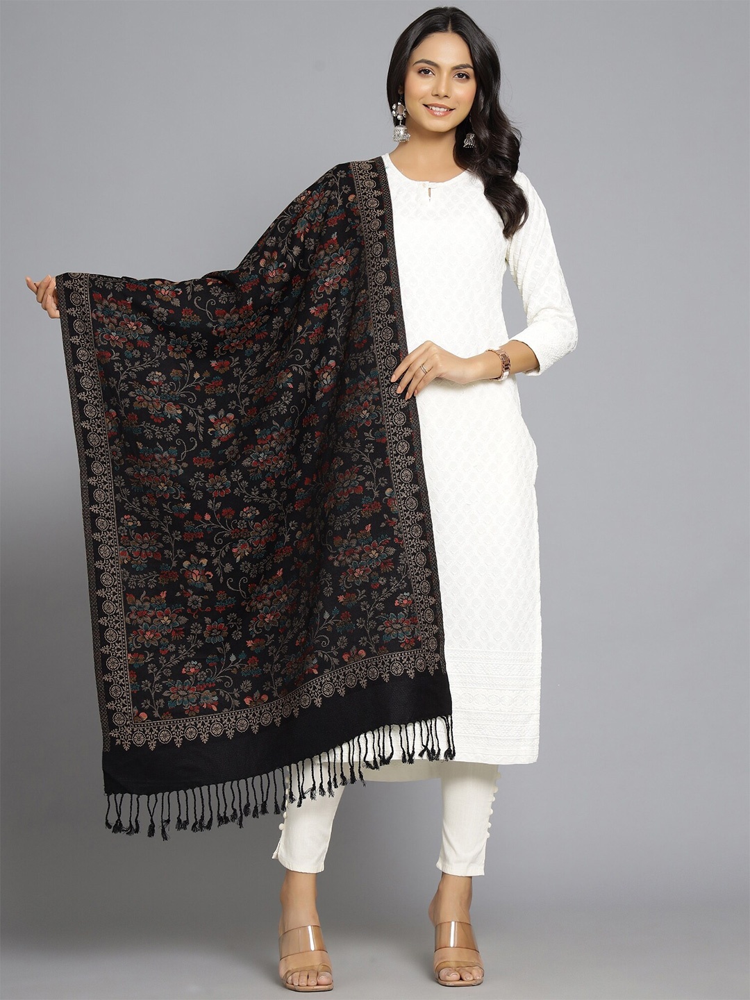 

HANDICRAFT PALACE Women Black & Red Woven Design Wool Stole