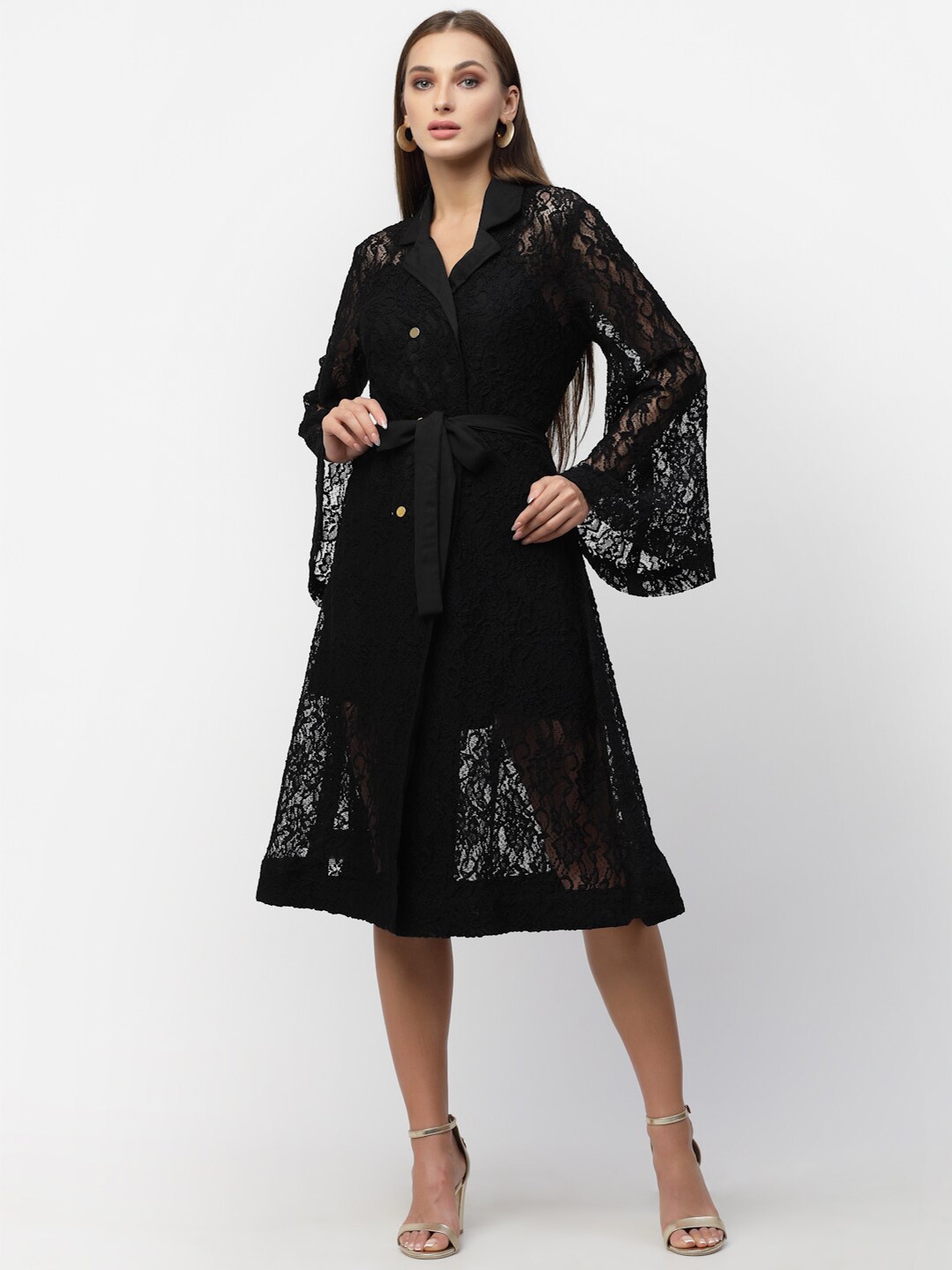 

BLANC9 Black Floral Notch Collar Lace Dress