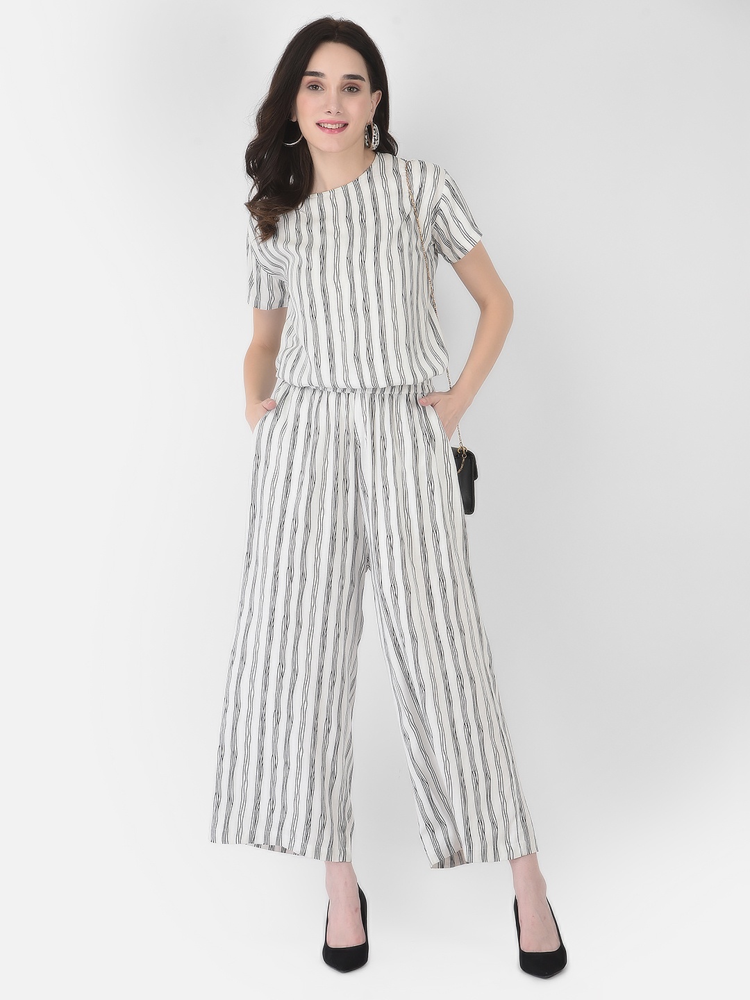 

Crimsoune Club Women White & Grey Striped Top & Palazzo Co-Ords Set