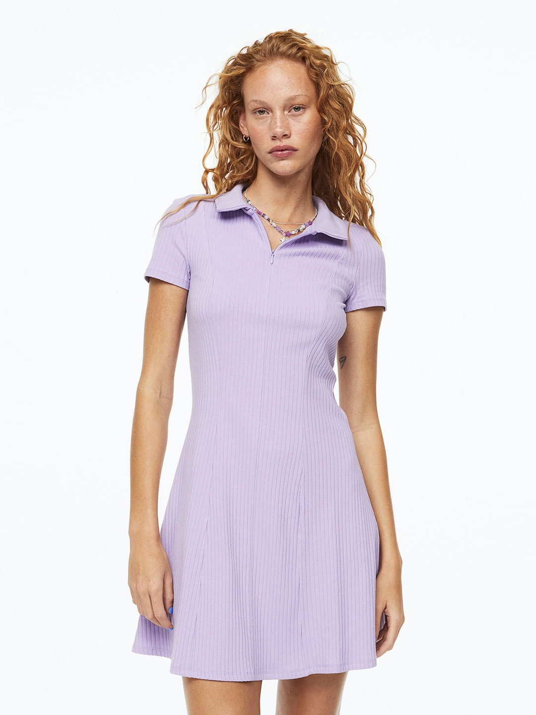 

H&M Women Purple Collared Ribbed Dress