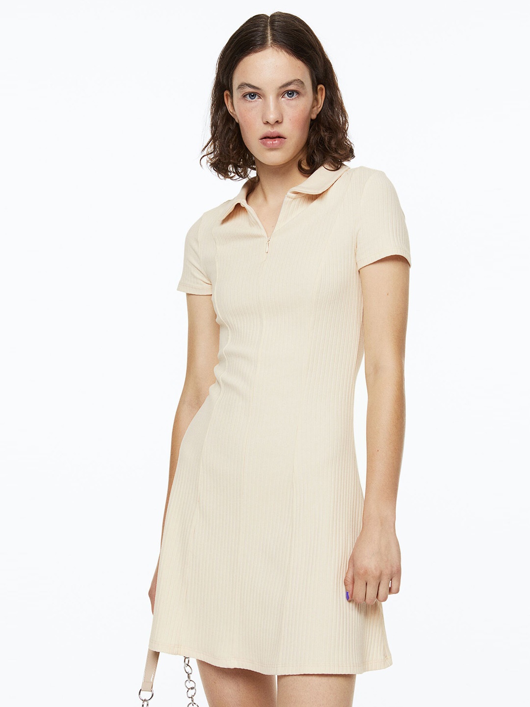 

H&M Women Beige Collared Ribbed Dress
