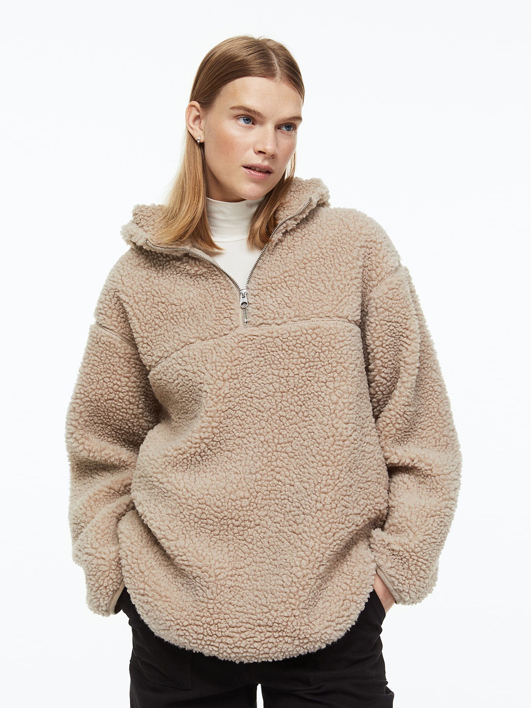 

H&M Women Beige Zip-Top Teddy Hoodie