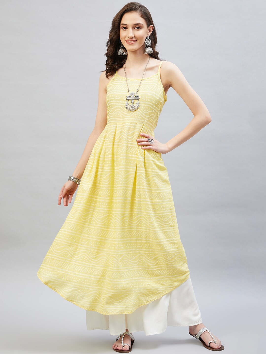 

InWeave Shoulder Straps Bandhani Printed A-Line Kurta, Yellow