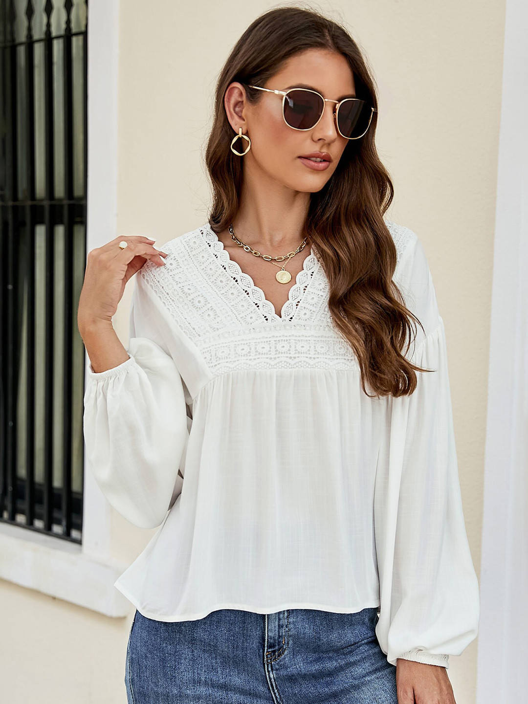 

BoStreet Women White Tie-Up Neck Top