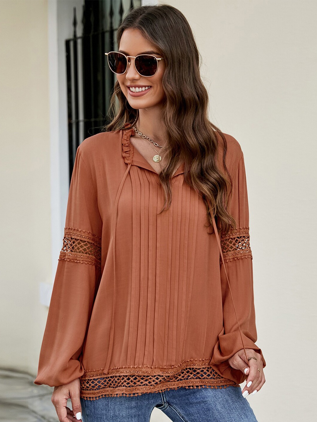 

BoStreet Rust Tie-Up Neck Top