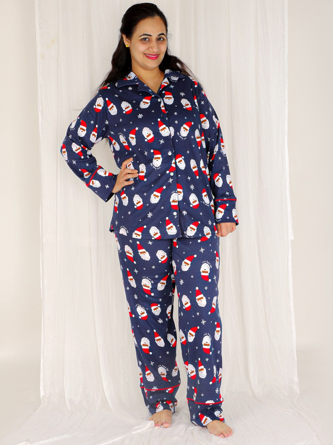 

The Mom Store Women Blue & White Pure Cotton Printed Shirt with Pyjamas