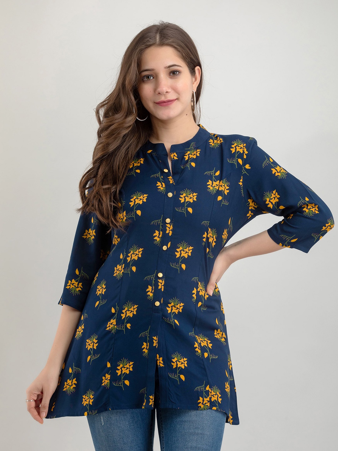 

NAYRAH Navy Blue Floral Print Mandarin Collar Shirt Style Top