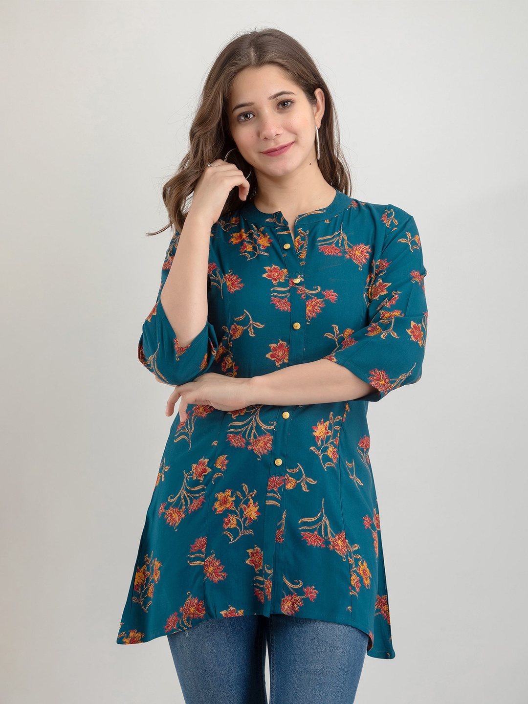 

NAYRAH Teal Floral Print Mandarin Collar Shirt Style Top