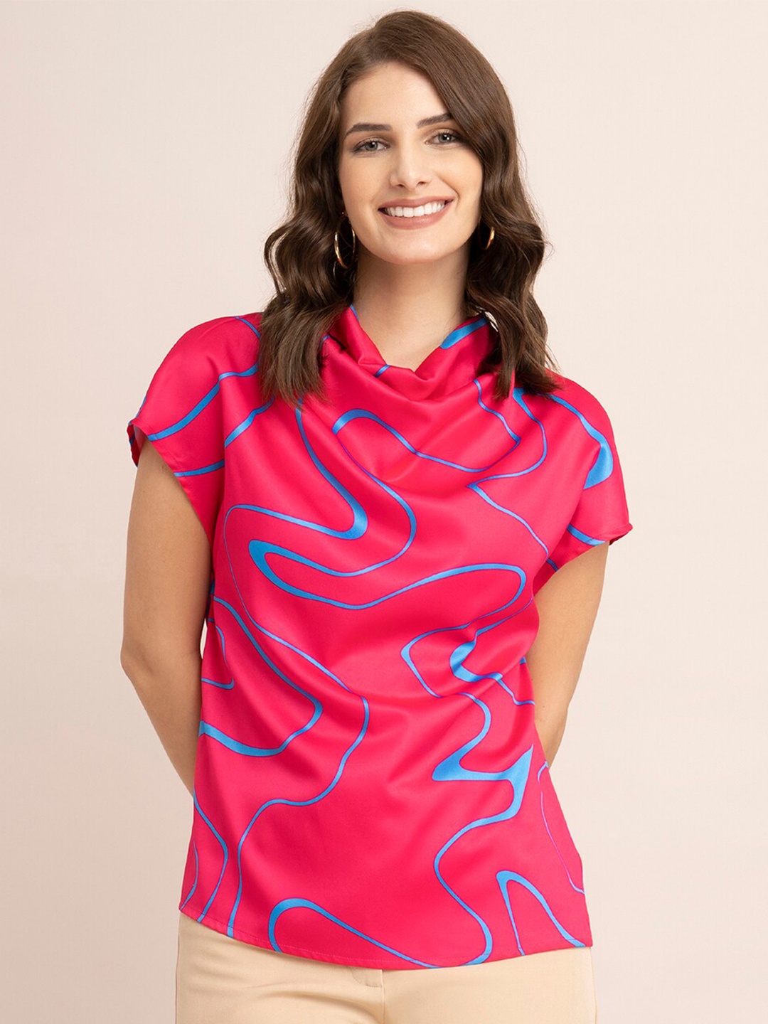 

FableStreet Fuchsia Pink & Blue Print Cowl Neck Extended Sleeves Satin Top