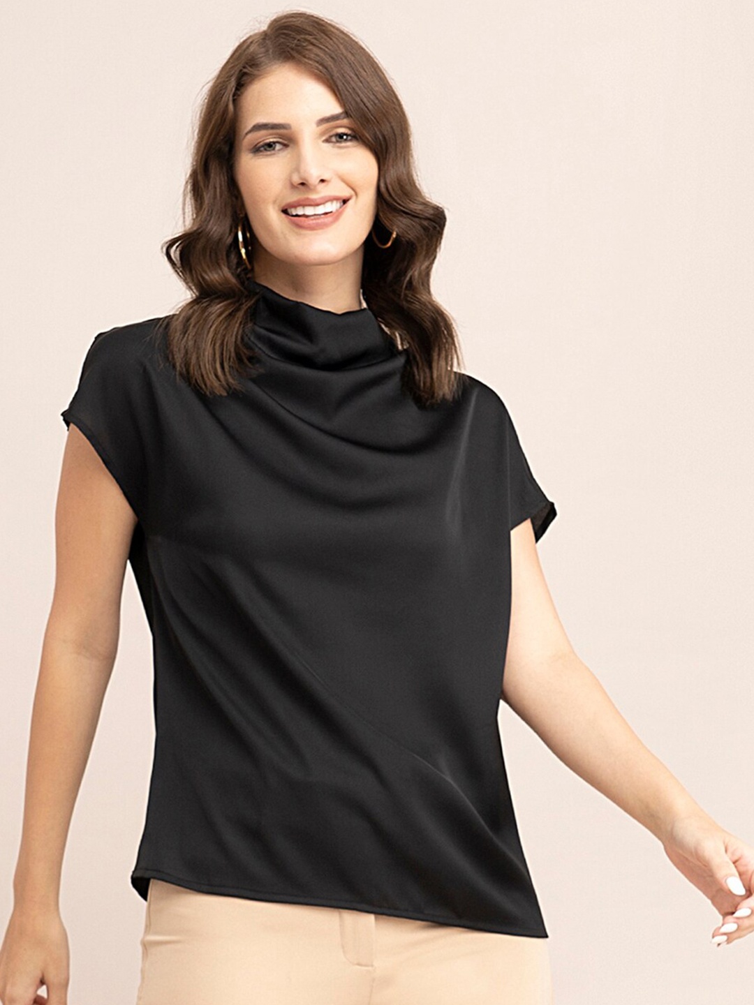 

FableStreet Black Cowl Neck Satin Top