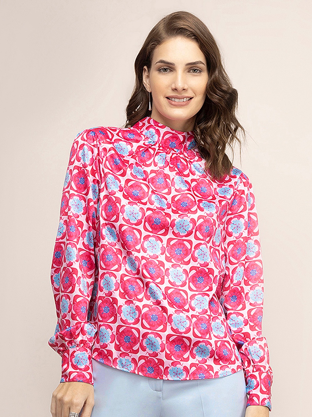 

FableStreet Fuchsia & Blue Geometric Print Satin Top