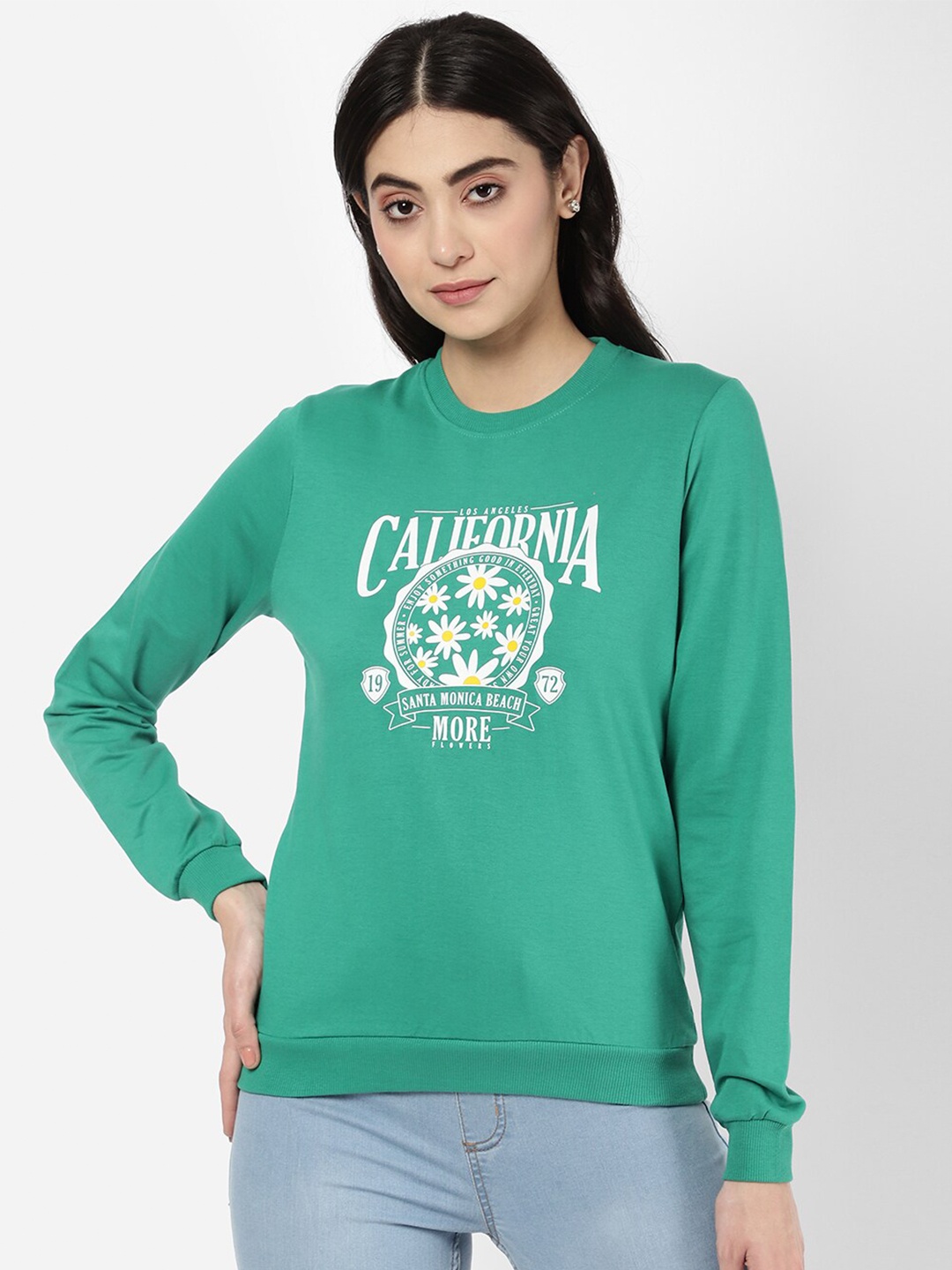 

R&B Women Green Printed Cotton Sweatshirt