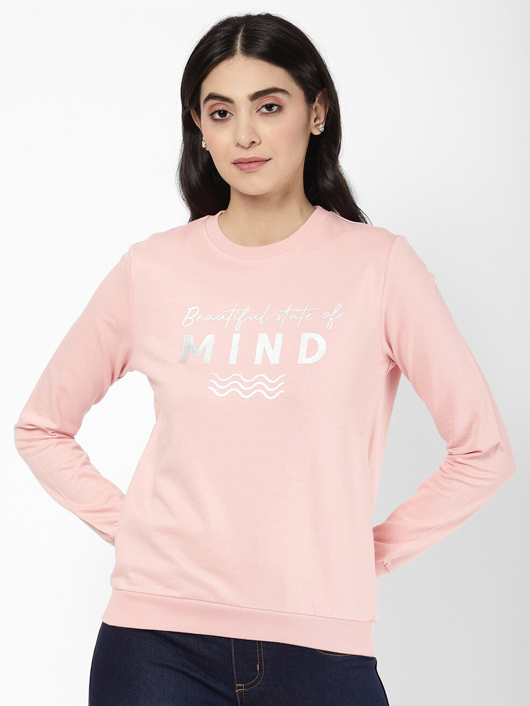 

R&B Women Pink Printed Cotton Sweatshirt