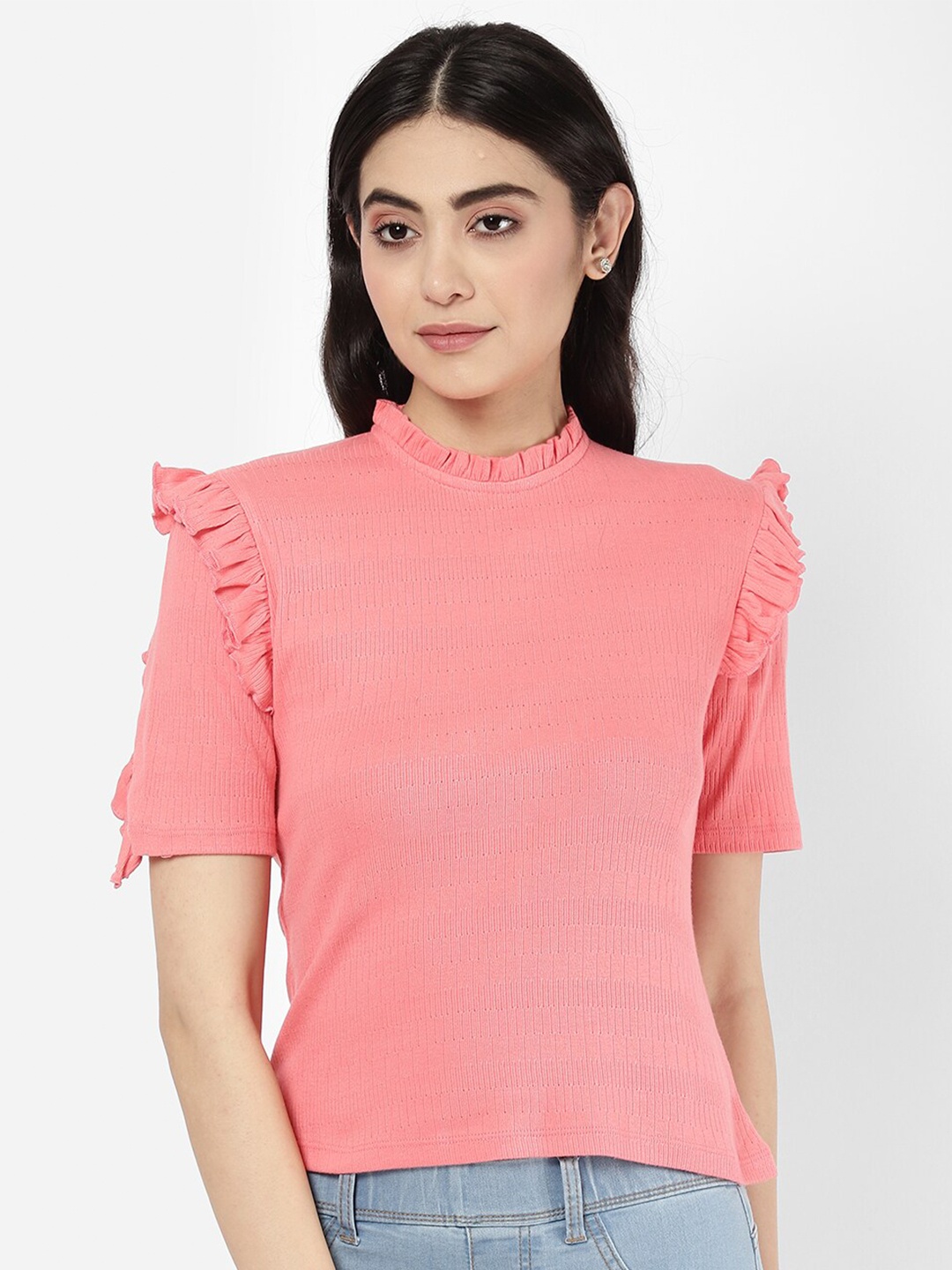 

R&B Woman Pink Solid Round Neck Top