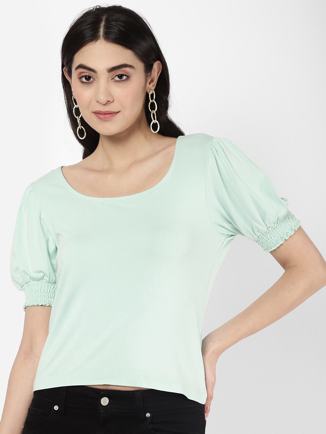 

R&B Woman Green Solid Puff Sleeve Top