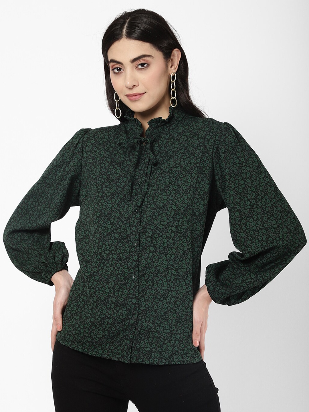 

R&B Women Green Floral Print Tie-Up Neck Shirt Style Top