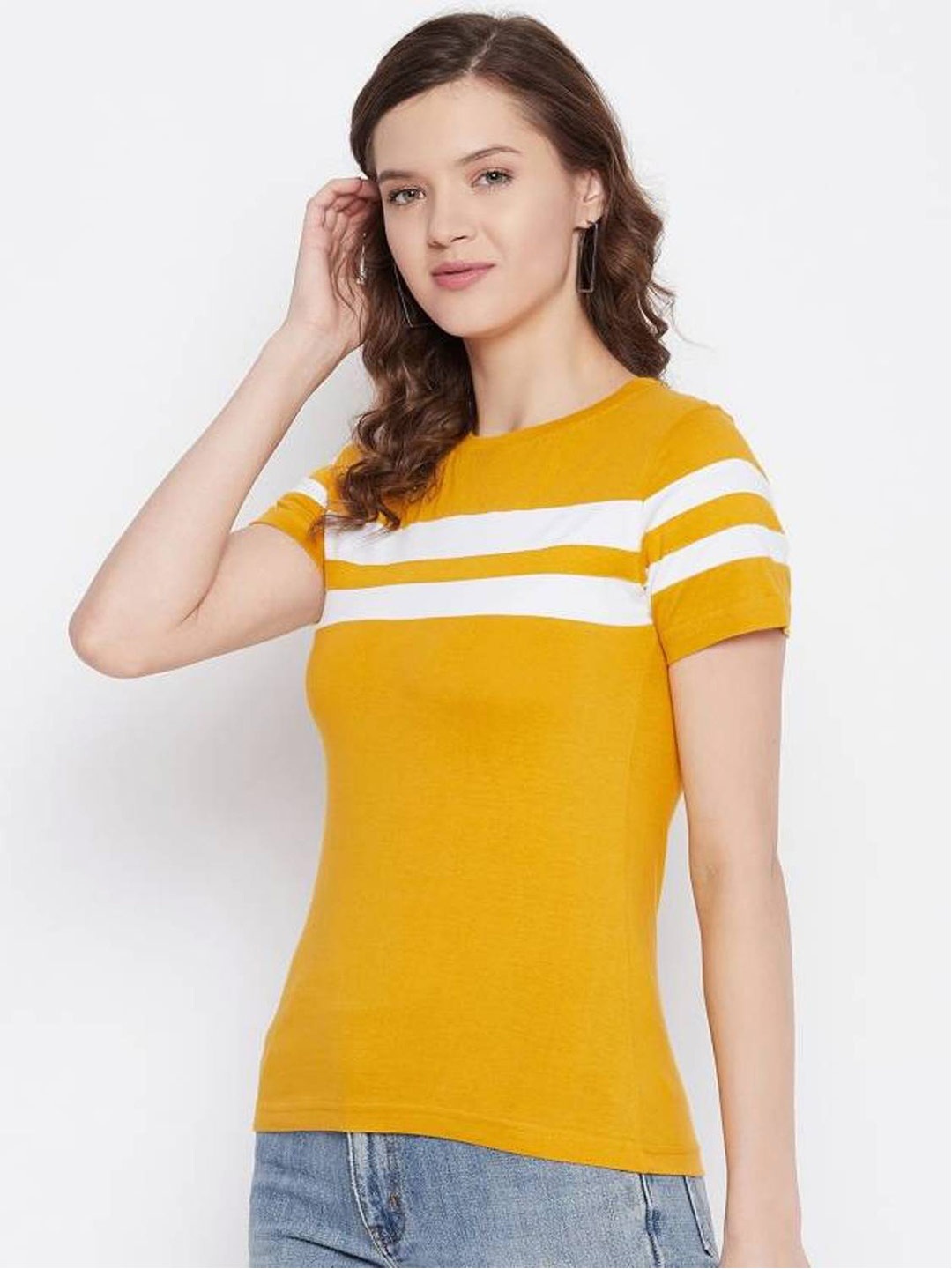 

Rodzen Women Mustard Yellow Printed Pure Cotton T-shirt