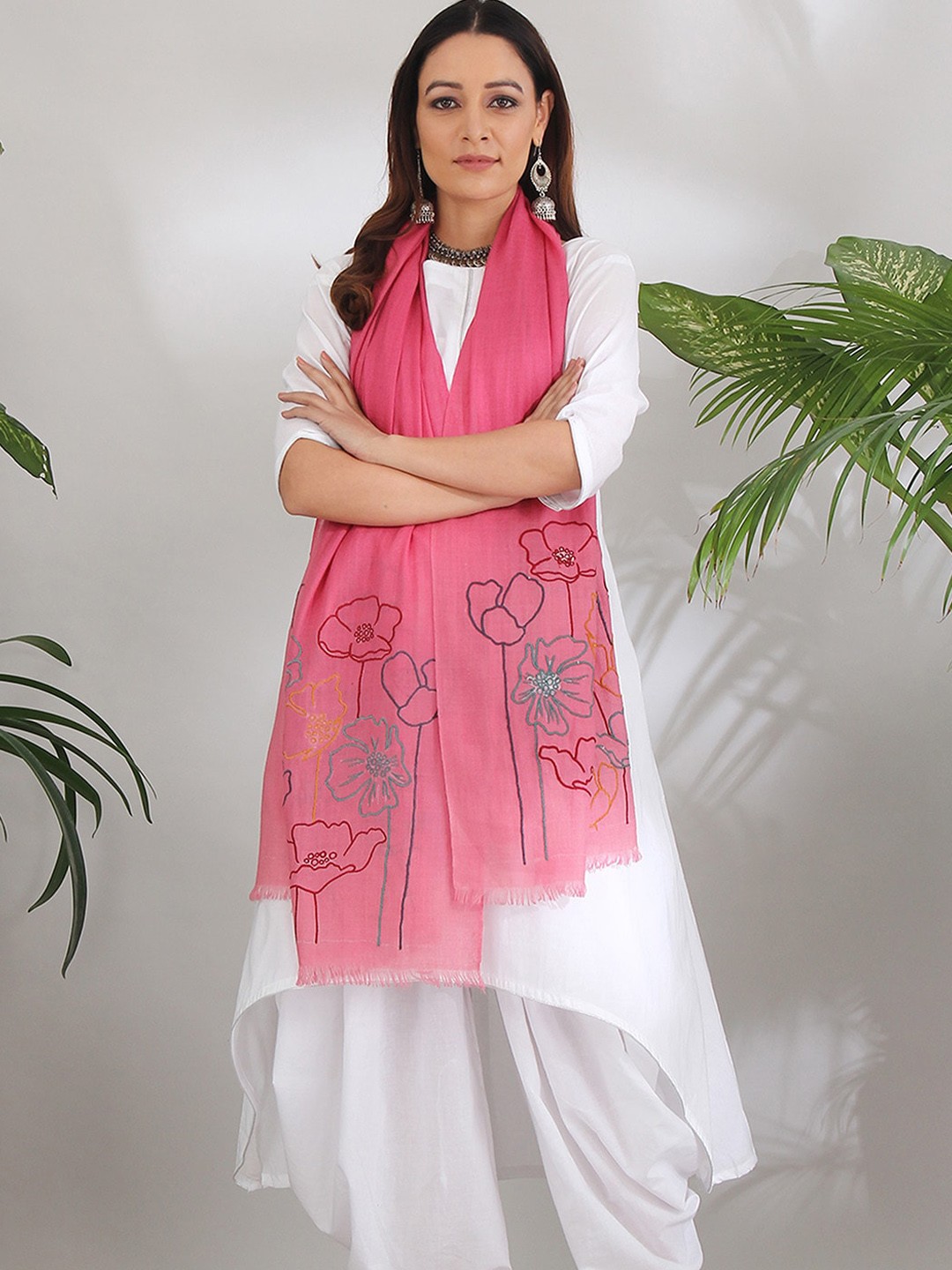 

AKISO Women Pink Printed Embroidered Pure Pashmina Shawl