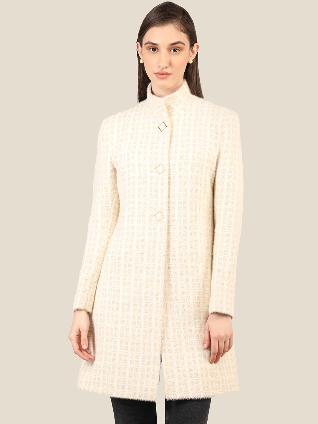 

PROTEX Women Beige Self Design Wool Coats