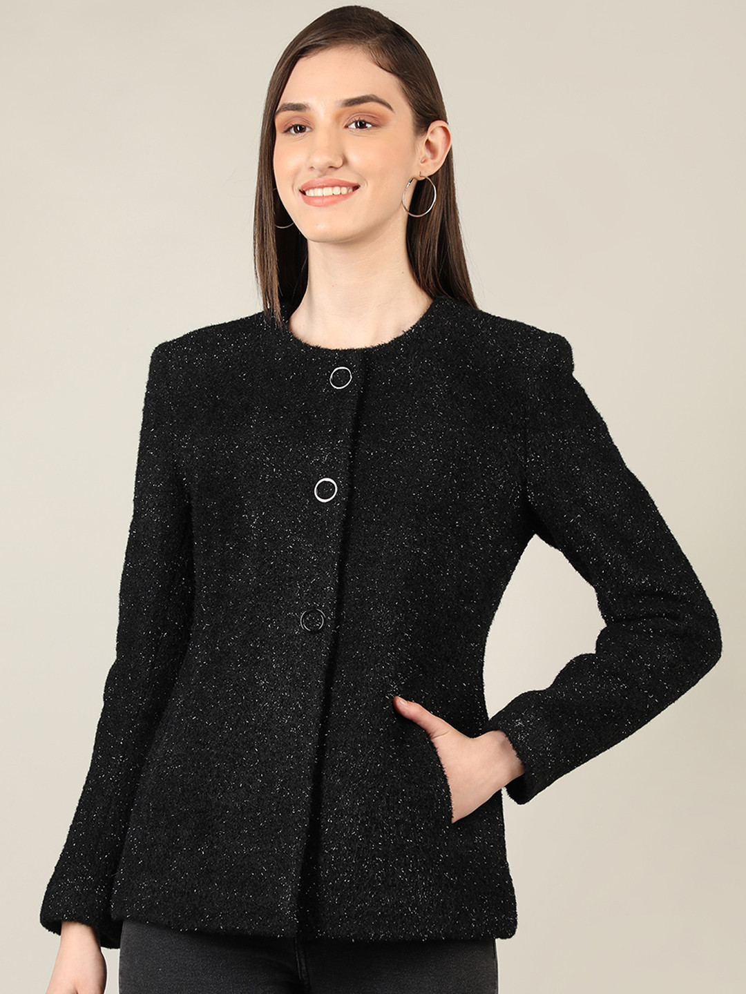 

PROTEX Women Black Self-Design Wool Overcoats
