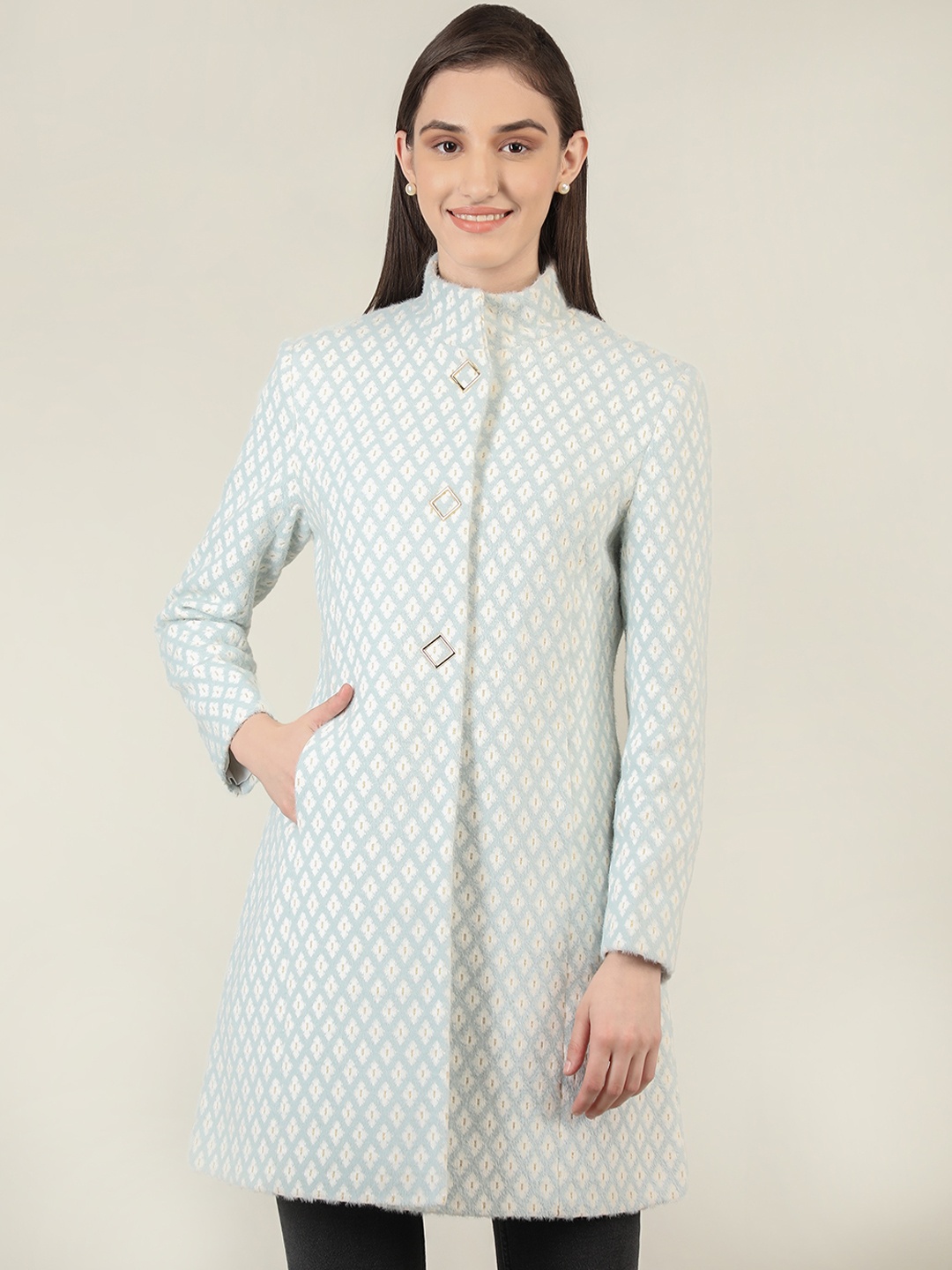 

PROTEX Women Blue Self-Design Wool Overcoat