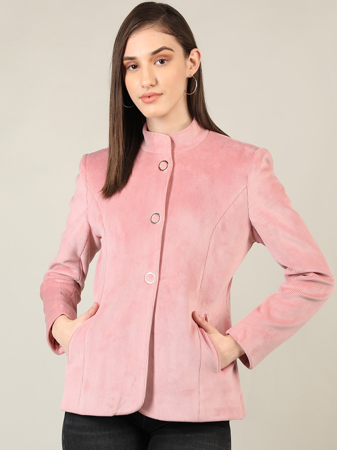 

PROTEX Women Pink Solid Single-Breasted Wool Overcoat