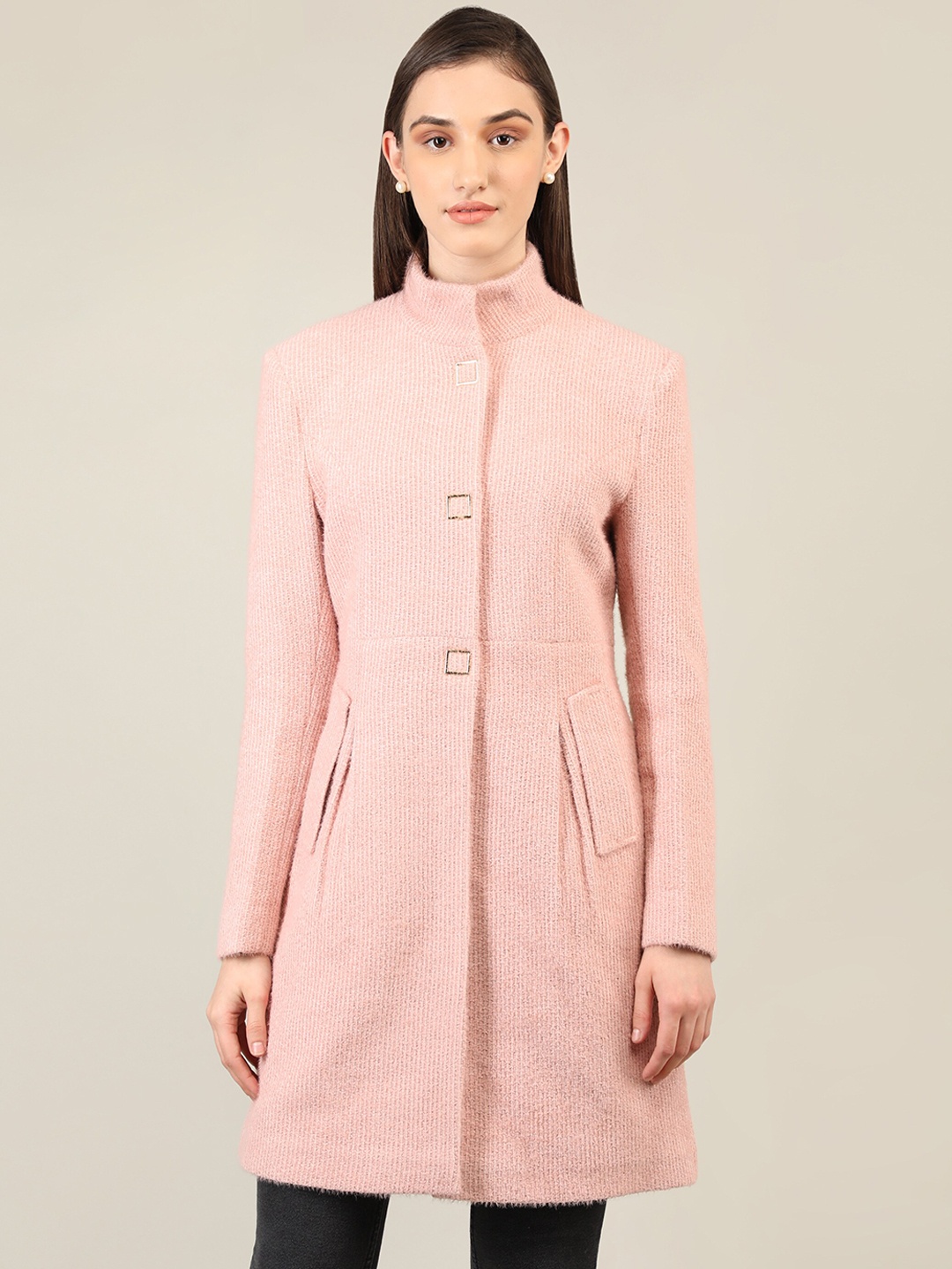 

PROTEX Women Pink Striped Wool Over Coat