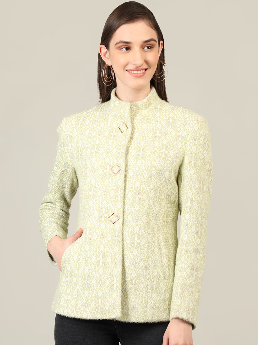 

PROTEX Women Green Self-Design Woollen Winter Overcoat