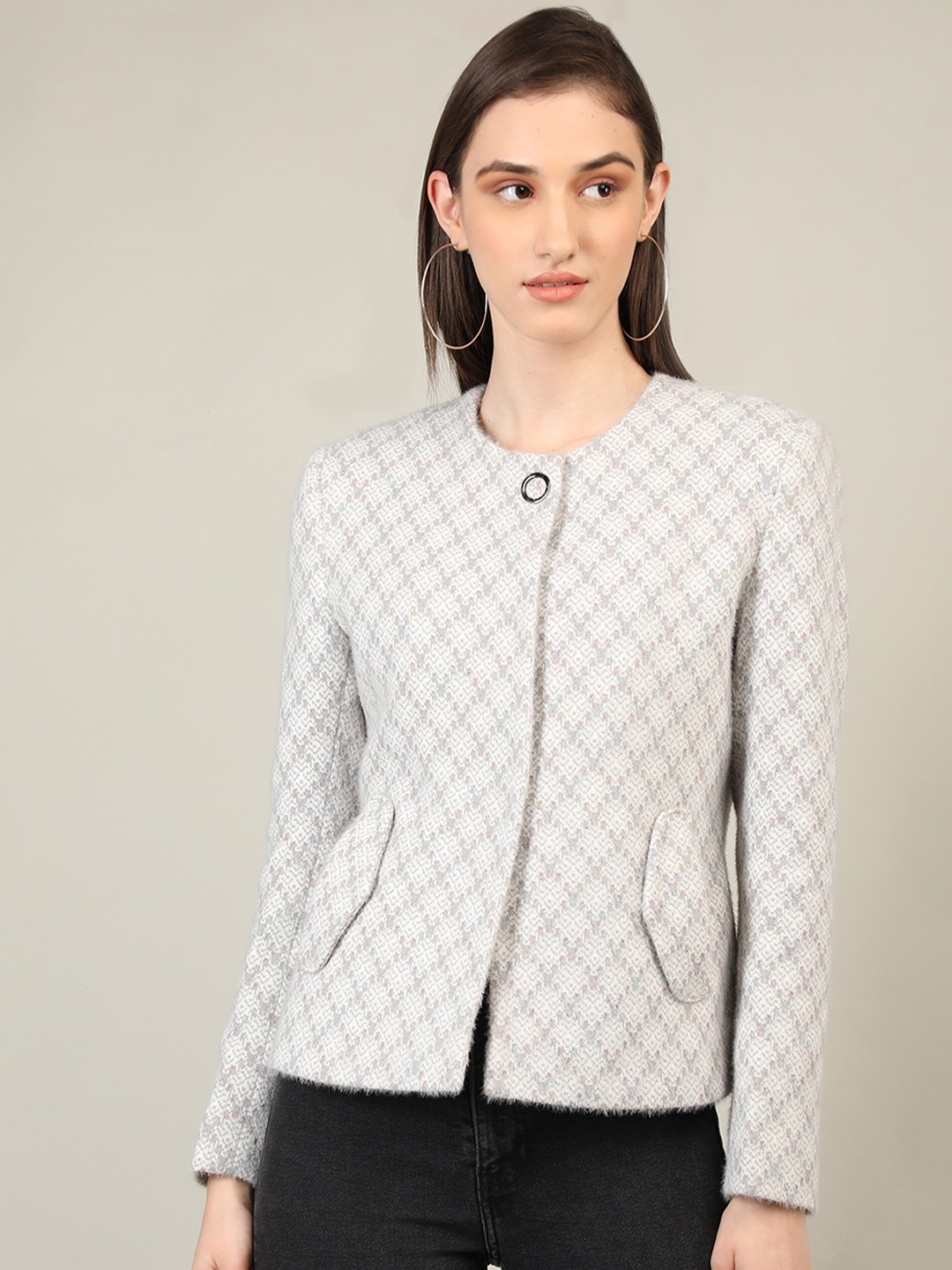 

PROTEX Women Grey Self-Design Woollen Winter Overcoat