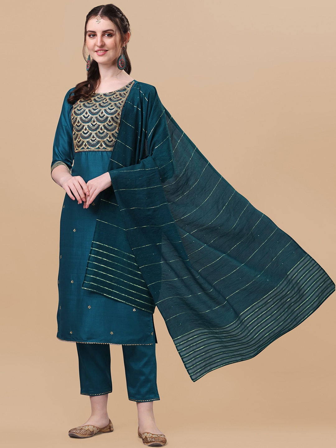 

Berrylicious Women Teal Ethnic Motifs Embroidered Chanderi Silk Kurta with Trousers & With Dupatta