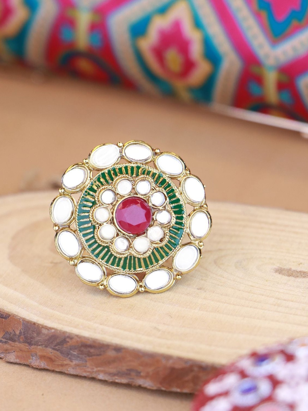 

I Jewels Gold-Toned & Green Kundan Studded Gold-Plated Finger Ring