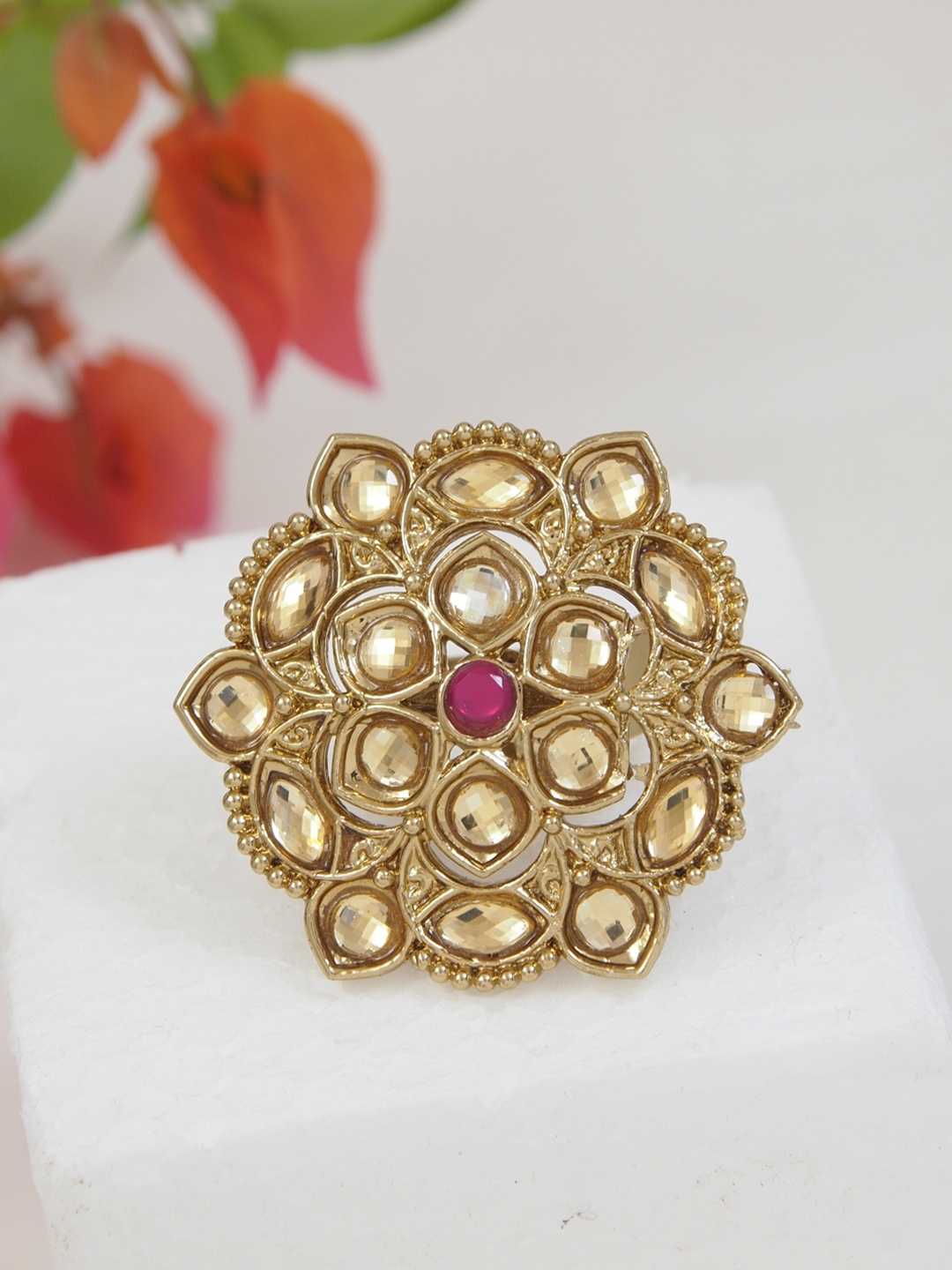 

I Jewels Gold-Toned & Pink Kundan-Studded Gold-Plated Finger Ring