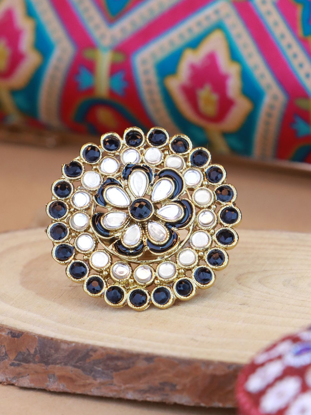 

I Jewels Gold-Toned & Black Kundan Stone-Studded Gold-Plated Finger Ring