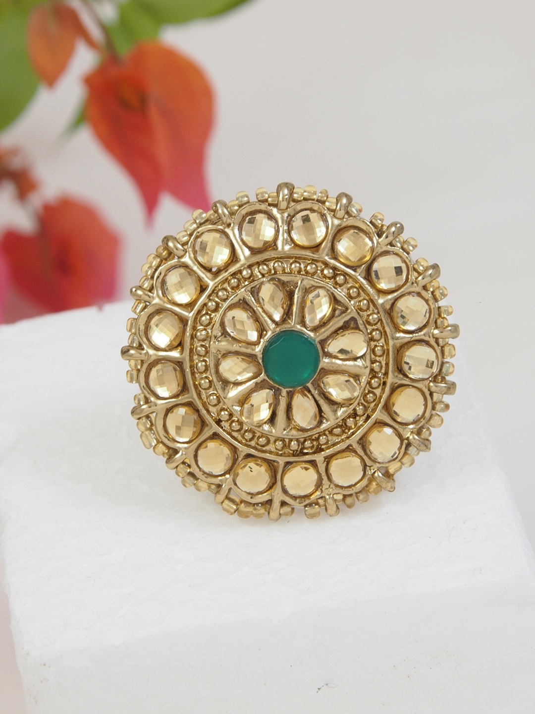 

I Jewels Gold-Toned & Green Kundan Studded Gold-Plated Finger Ring
