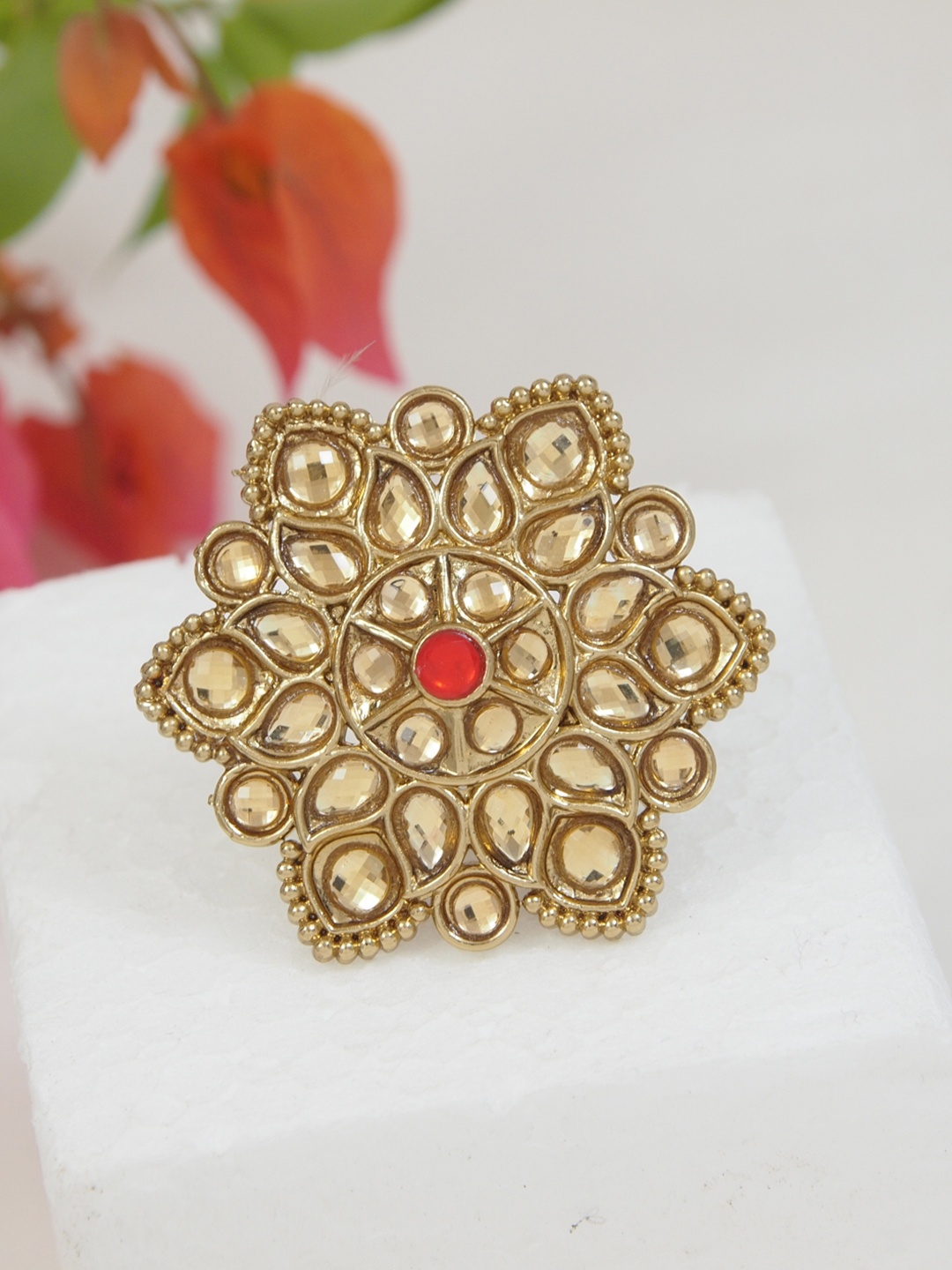

I Jewels Gold-Toned & Red Kundan Studded Gold-Plated Finger Ring