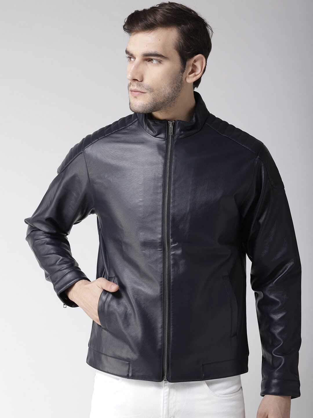 

Club York Men Navy Blue Leather Lightweight Bomber Jacket