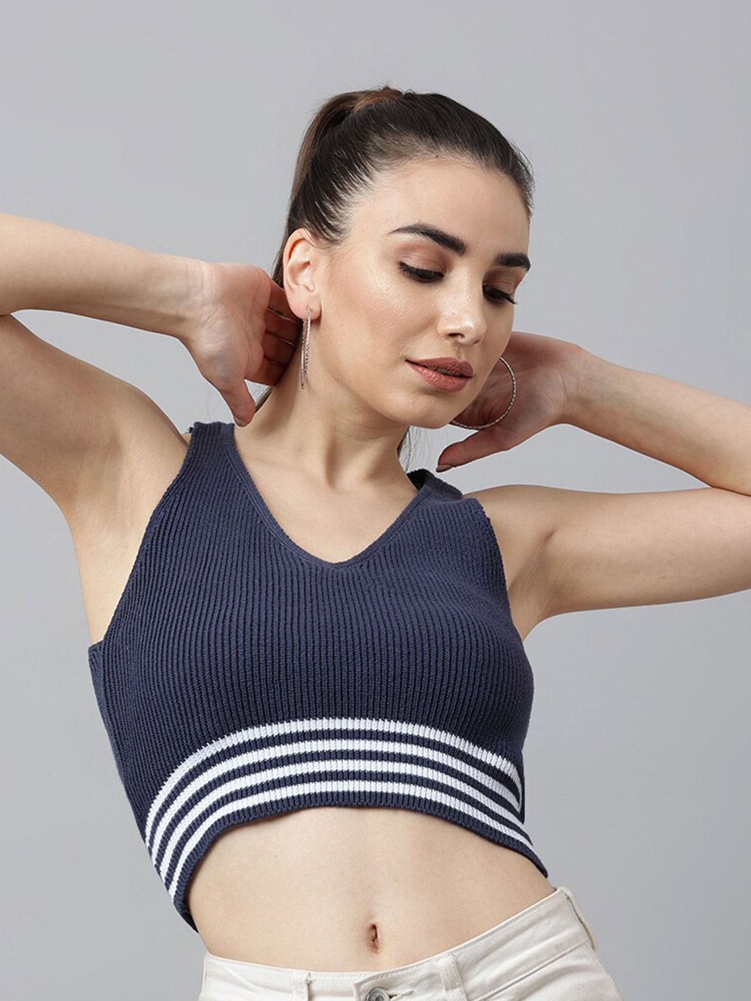 

Pritla Navy Blue & White Striped Organic Cotton Bralette Crop Top