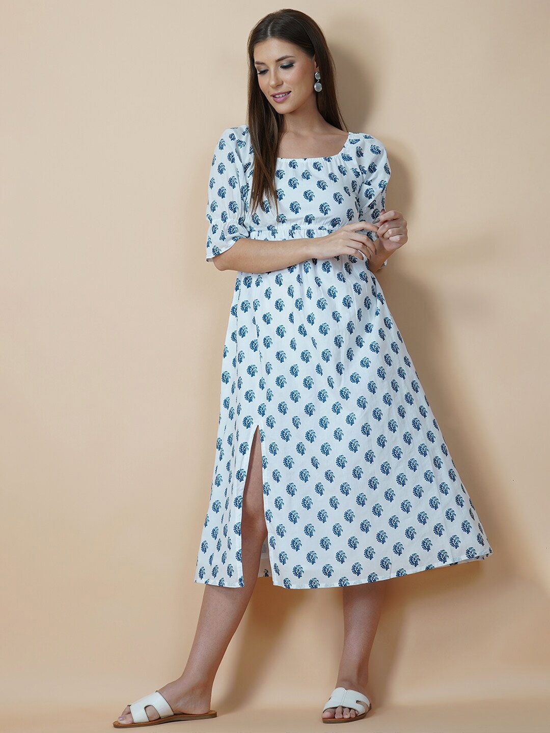 

Twilldor Blue Ethnic Motifs Cotton A-Line Midi Dress